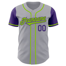 Load image into Gallery viewer, Custom Gray Neon Green-Purple Authentic Two Tone Baseball Jersey