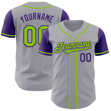 Load image into Gallery viewer, Custom Gray Neon Green-Purple Authentic Two Tone Baseball Jersey