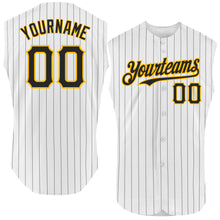 Load image into Gallery viewer, Custom White Black Pinstripe Gold Authentic Sleeveless Baseball Jersey