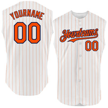 Load image into Gallery viewer, Custom White Orange Pinstripe Navy Authentic Sleeveless Baseball Jersey