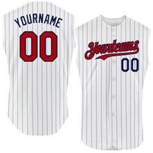 Load image into Gallery viewer, Custom White Navy Pinstripe Red Authentic Sleeveless Baseball Jersey