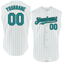 Load image into Gallery viewer, Custom White Teal Pinstripe Black Authentic Sleeveless Baseball Jersey