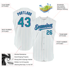 Load image into Gallery viewer, Custom White Teal Pinstripe Purple Authentic Sleeveless Baseball Jersey