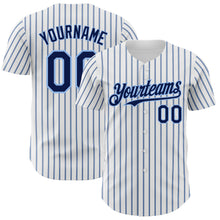Load image into Gallery viewer, Custom White (Navy Light Blue Pinstripe) Navy-Light Blue Authentic Baseball Jersey