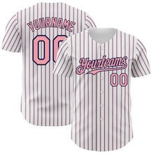 Load image into Gallery viewer, Custom White (Navy Medium Pink Pinstripe) Medium Pink-Navy Authentic Baseball Jersey