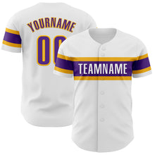 Load image into Gallery viewer, Custom White Purple-Gold Authentic Baseball Jersey