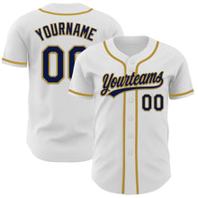 Load image into Gallery viewer, Custom White Navy-Old Gold Authentic Baseball Jersey