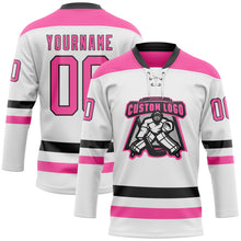 Load image into Gallery viewer, Custom White Pink-Black Hockey Lace Neck Jersey