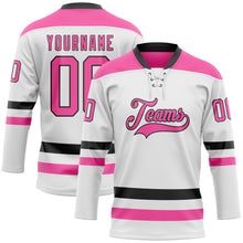 Load image into Gallery viewer, Custom White Pink-Black Hockey Lace Neck Jersey