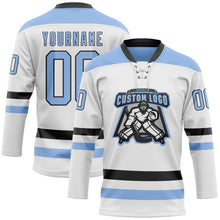 Load image into Gallery viewer, Custom White Light Blue-Black Hockey Lace Neck Jersey