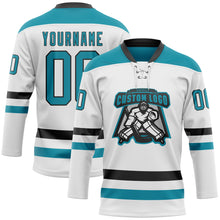 Load image into Gallery viewer, Custom White Teal-Black Hockey Lace Neck Jersey