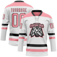 Load image into Gallery viewer, Custom White Medium Pink-Black Hockey Lace Neck Jersey