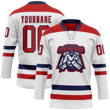 Load image into Gallery viewer, Custom White Red-Navy Hockey Lace Neck Jersey