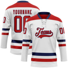 Load image into Gallery viewer, Custom White Red-Navy Hockey Lace Neck Jersey