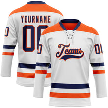 Load image into Gallery viewer, Custom White Navy-Orange Hockey Lace Neck Jersey