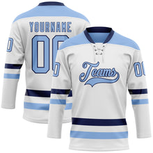 Load image into Gallery viewer, Custom White Light Blue-Navy Hockey Lace Neck Jersey