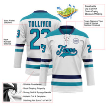 Load image into Gallery viewer, Custom White Teal-Navy Hockey Lace Neck Jersey