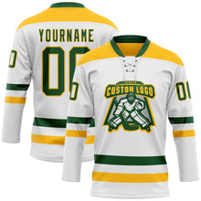 Load image into Gallery viewer, Custom White Green-Gold Hockey Lace Neck Jersey