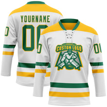 Load image into Gallery viewer, Custom White Kelly Green-Gold Hockey Lace Neck Jersey