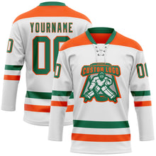 Load image into Gallery viewer, Custom White Kelly Green-Orange Hockey Lace Neck Jersey