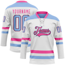 Load image into Gallery viewer, Custom White Light Blue Black-Pink Hockey Lace Neck Jersey
