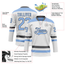 Load image into Gallery viewer, Custom White Light Blue-Steel Gray Hockey Lace Neck Jersey