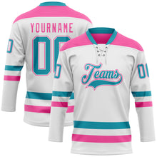 Load image into Gallery viewer, Custom White Teal-Pink Hockey Lace Neck Jersey