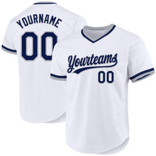 Load image into Gallery viewer, Custom White Navy-Gray Authentic Throwback Baseball Jersey