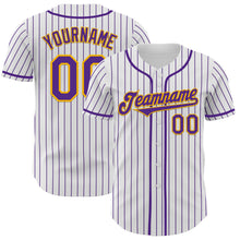 Load image into Gallery viewer, Custom White Purple Pinstripe Gold Authentic Baseball Jersey