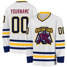 Load image into Gallery viewer, Custom White Navy Gold-Maroon Hockey Jersey