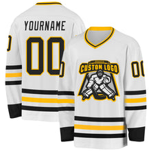 Load image into Gallery viewer, Custom White Black-Gold Hockey Jersey