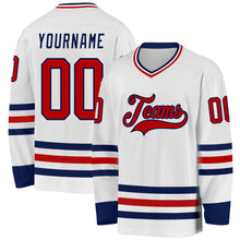 Load image into Gallery viewer, Custom White Red-Navy Hockey Jersey