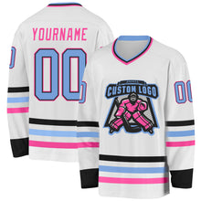 Load image into Gallery viewer, Custom White Light Blue Black-Pink Hockey Jersey