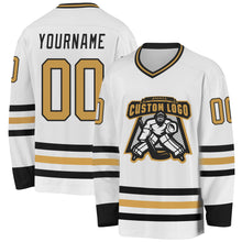 Load image into Gallery viewer, Custom White Old Gold-Black Hockey Jersey