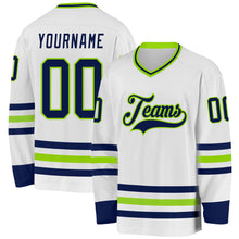 Load image into Gallery viewer, Custom White Navy-Neon Green Hockey Jersey