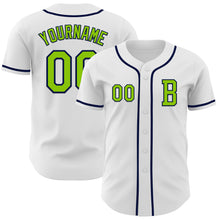 Load image into Gallery viewer, Custom White Neon Green-Navy Authentic Baseball Jersey