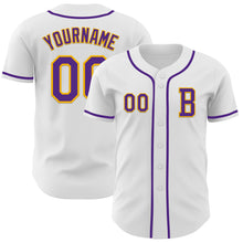 Load image into Gallery viewer, Custom White Purple-Gold Authentic Baseball Jersey