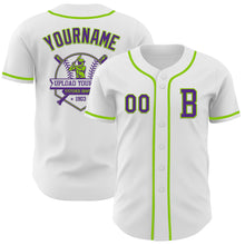Load image into Gallery viewer, Custom White Purple-Neon Green Authentic Baseball Jersey