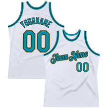 Load image into Gallery viewer, Custom White Teal Black-Old Gold Authentic Throwback Basketball Jersey
