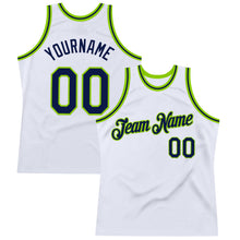 Load image into Gallery viewer, Custom White Navy-Neon Green Authentic Throwback Basketball Jersey