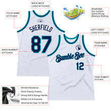Load image into Gallery viewer, Custom White Navy-Teal Authentic Throwback Basketball Jersey