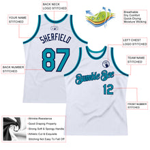 Load image into Gallery viewer, Custom White Teal-Navy Authentic Throwback Basketball Jersey