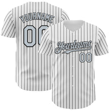 Load image into Gallery viewer, Custom White Black Pinstripe Silver Authentic Baseball Jersey