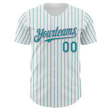 Load image into Gallery viewer, Custom White Teal Pinstripe Light Pink Authentic Baseball Jersey