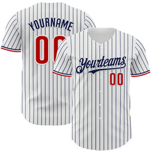 Load image into Gallery viewer, Custom White Navy Pinstripe Red Authentic Baseball Jersey