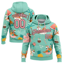 Load image into Gallery viewer, Custom Stitched Aqua Medium Pink-Brown 3D Tropical Christmas Santas With Reindeers And Flamingos Sports Pullover Sweatshirt Hoodie