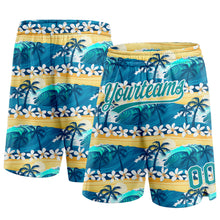 Load image into Gallery viewer, Custom Teal Gold 3D Pattern Hawaii Palm Trees And Flowers Authentic Basketball Shorts