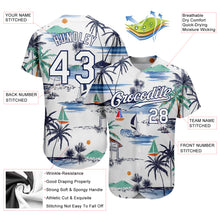 Load image into Gallery viewer, Custom White Navy 3D Pattern Design Hawaii Palm Trees Island And Sailboat Authentic Baseball Jersey