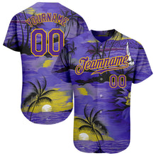 Load image into Gallery viewer, Custom Purple Yellow 3D Pattern Design Sun Beach Hawaii Palm Trees Authentic Baseball Jersey