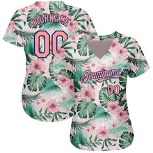 Load image into Gallery viewer, Custom White Medium Pink-Navy 3D Pattern Design Hawaii Palm Leaves And Flowers Authentic Baseball Jersey